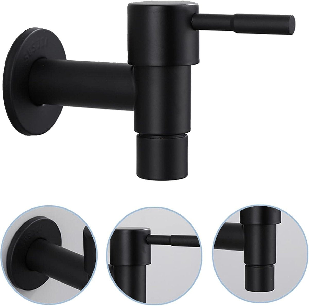Close-up of black faucet outlet and aerator screen with stainless construction