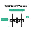 Swivel TV wall bracket spec infographic fits 23-55 inch screens VESA 100-400mm horizontal and vertical 25kg capacity