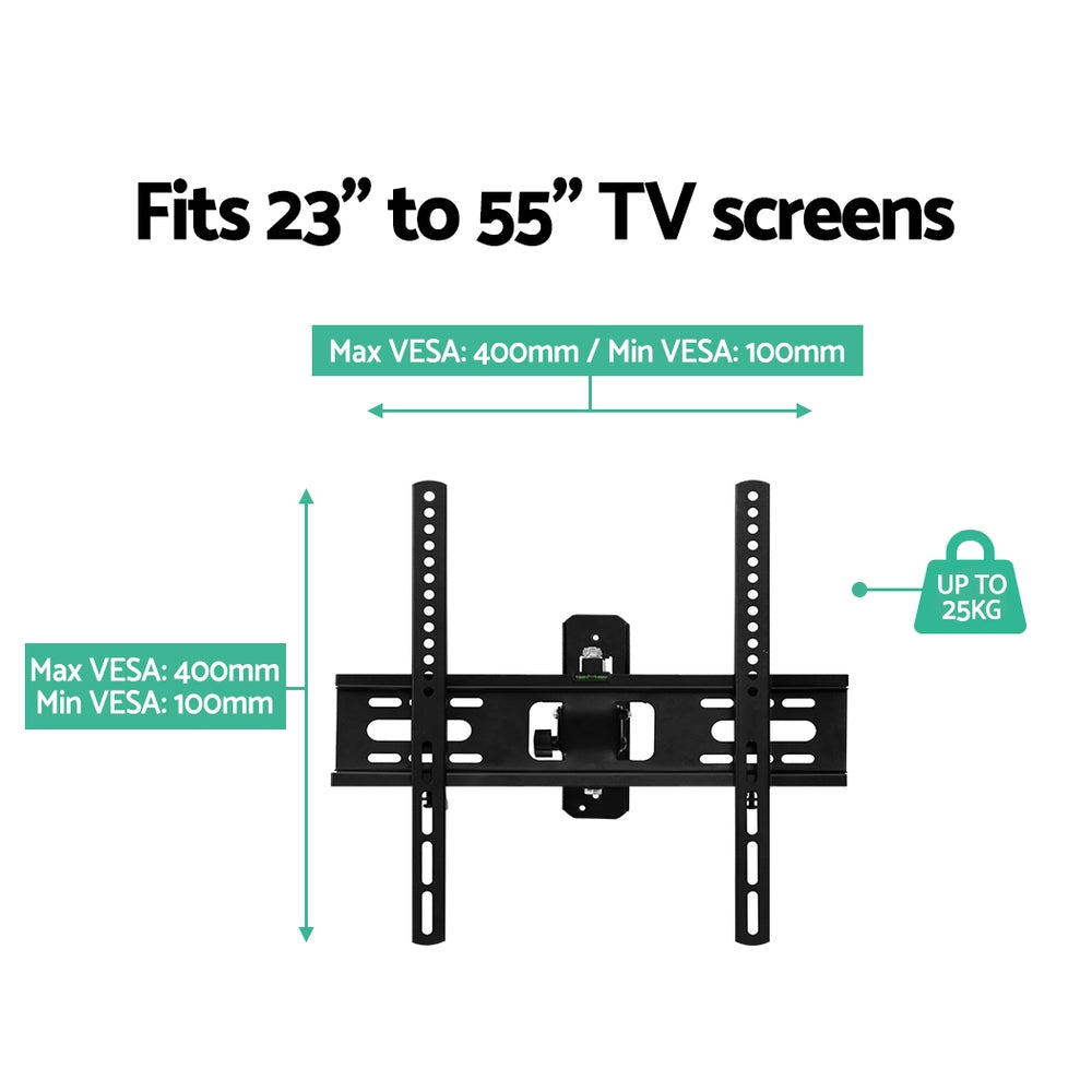 Swivel TV wall bracket spec infographic fits 23-55 inch screens VESA 100-400mm horizontal and vertical 25kg capacity