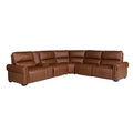 Tan leather L-shaped recliner sectional sofa with rolled arms on white background angle view