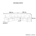 Havana sofa dimension diagram showing 338cm width 305cm depth 102cm height and 50.8cm console