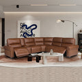 Tan leather L-shaped recliner sectional in modern room full L-shape view with round coffee tables