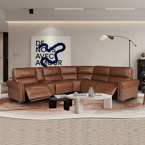 Tan leather L-shaped recliner sectional in modern room full L-shape view with round coffee tables