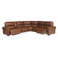 Tan leather L-shaped sectional sofa with two power recliners extended showing deployed footrests