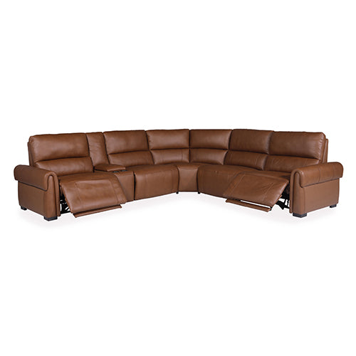 Tan leather L-shaped sectional sofa with two power recliners extended showing deployed footrests