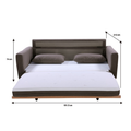 Dimensions diagram for taupe fabric sofa bed: 181.5cm wide, 74cm height, extends to 210cm depth as bed