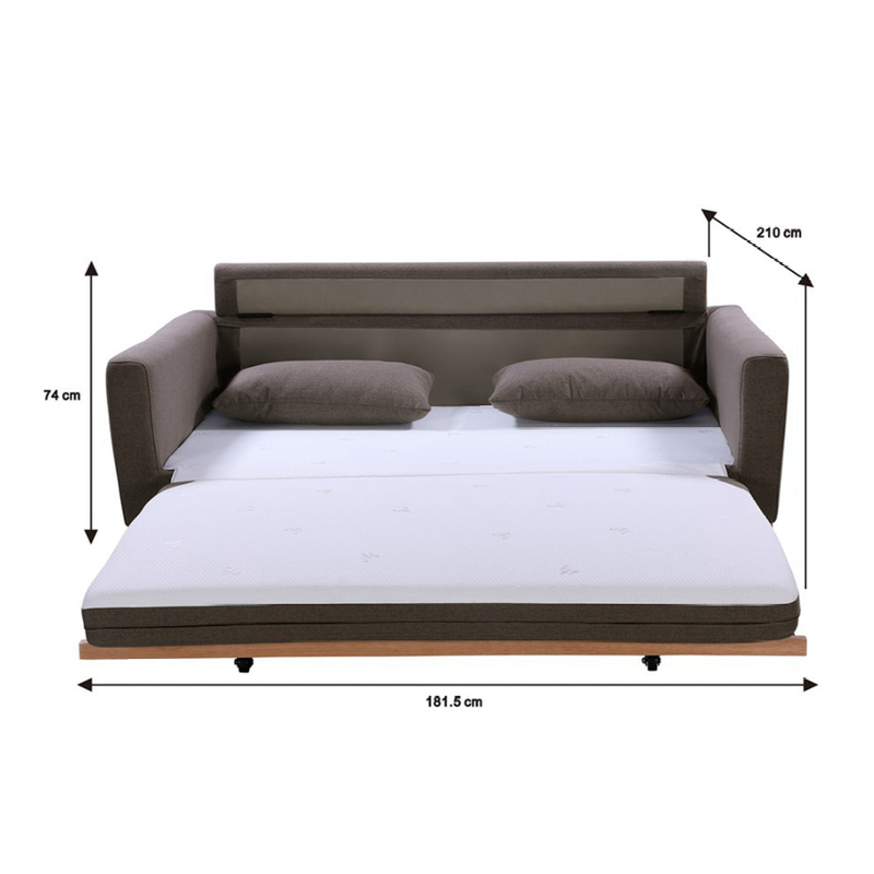 Dimensions diagram for taupe fabric sofa bed: 181.5cm wide, 74cm height, extends to 210cm depth as bed