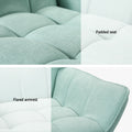 Two detail close-ups of teal tufted armchair: 