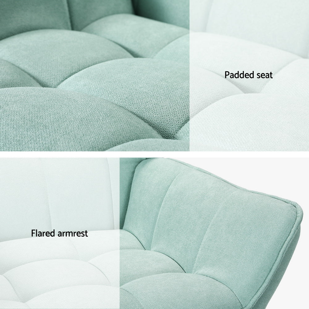 Two detail close-ups of teal tufted armchair: "Padded seat" grid-tufted cushion and "Flared armrest" with fabric texture