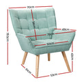 Teal tufted armchair dimensions: 70cm wide, 78.5cm tall, 75cm deep, seat 50cm wide, 43cm seat height, wood legs 61cm depth