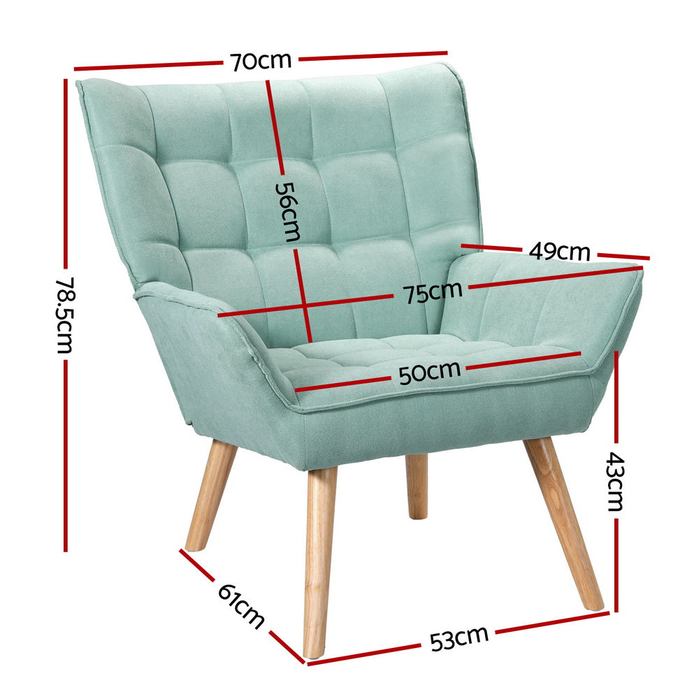 Teal tufted armchair dimensions: 70cm wide, 78.5cm tall, 75cm deep, seat 50cm wide, 43cm seat height, wood legs 61cm depth