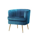 Teal velvet tub armchair with channel-stitched curved back and gold metal legs angle view on white background