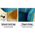 Teal velvet tub armchair detail showing gold splayed legs 23.5cm span with floor protectors and 9cm smooth round corners