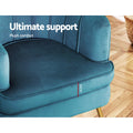 Teal velvet tub armchair seat close-up showing 10cm cushion depth with Ultimate support Plush comfort text overlay