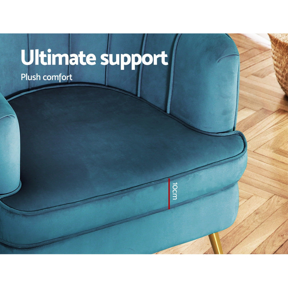 Teal velvet tub armchair seat close-up showing 10cm cushion depth with Ultimate support Plush comfort text overlay