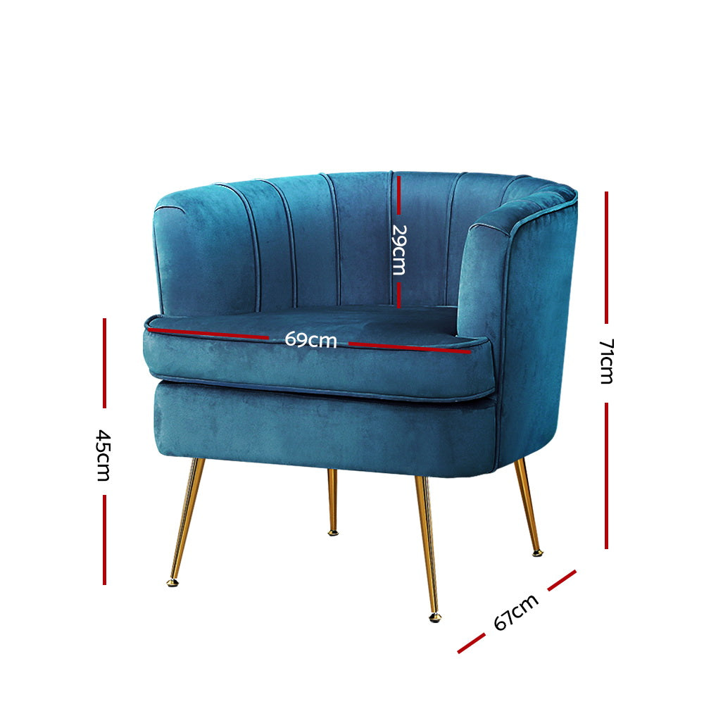 Teal velvet tub armchair dimensions diagram showing 69cm width 71cm height 29cm back height and 45cm seat height