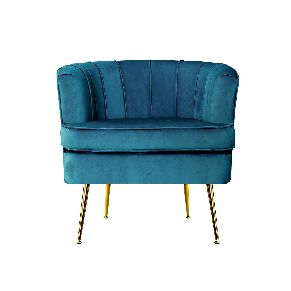 Teal velvet tub armchair with channel-stitched curved back front view on white background
