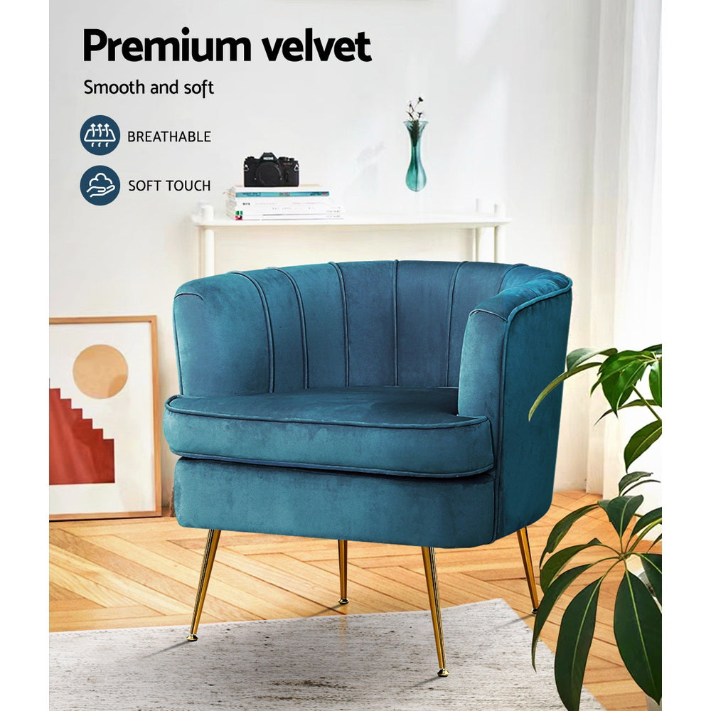 Teal velvet tub armchair in lifestyle lounge setting showing Premium velvet Breathable and Soft touch feature badges