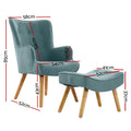 Teal velvet wingback chair and footstool dimension diagram: chair 85cm tall 58cm wide; footstool 52cm wide 37cm tall