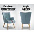 Teal velvet wingback chair: front showing 51cm seat and 13cm depth, rear view shown alongside, 