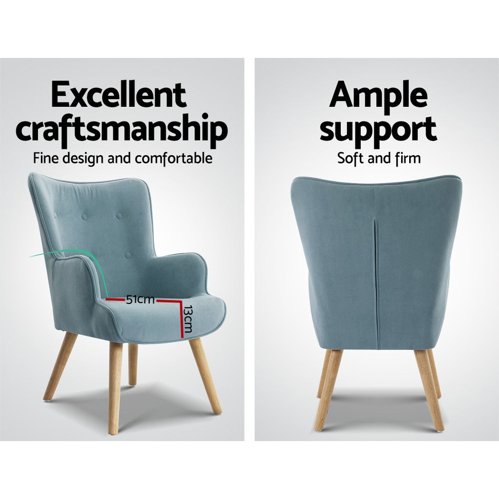 Teal velvet wingback chair: front showing 51cm seat and 13cm depth, rear view shown alongside, "Excellent craftsmanship" text