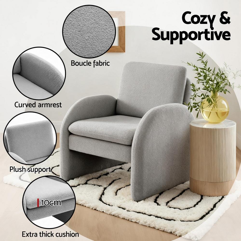 Grey boucle armchair callouts: "Boucle fabric", "Curved armrest", "Plush support", "Extra thick cushion 10cm"