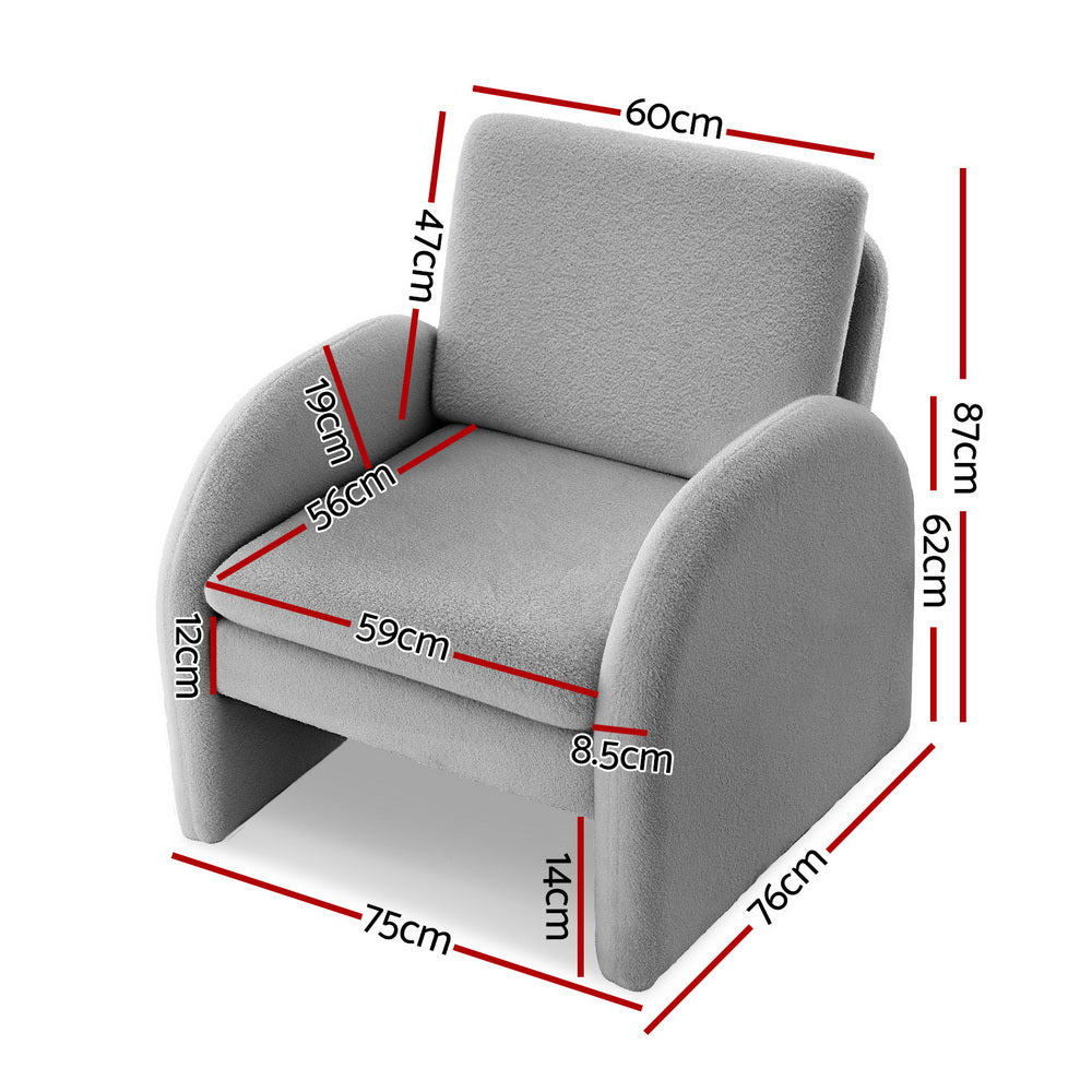 Grey boucle arch-panel armchair dimensions: 75cm wide, 76cm deep, 87cm tall, 59cm seat width, 14cm feet