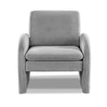 Grey boucle arch-panel armchair with cushioned seat, front view on white background