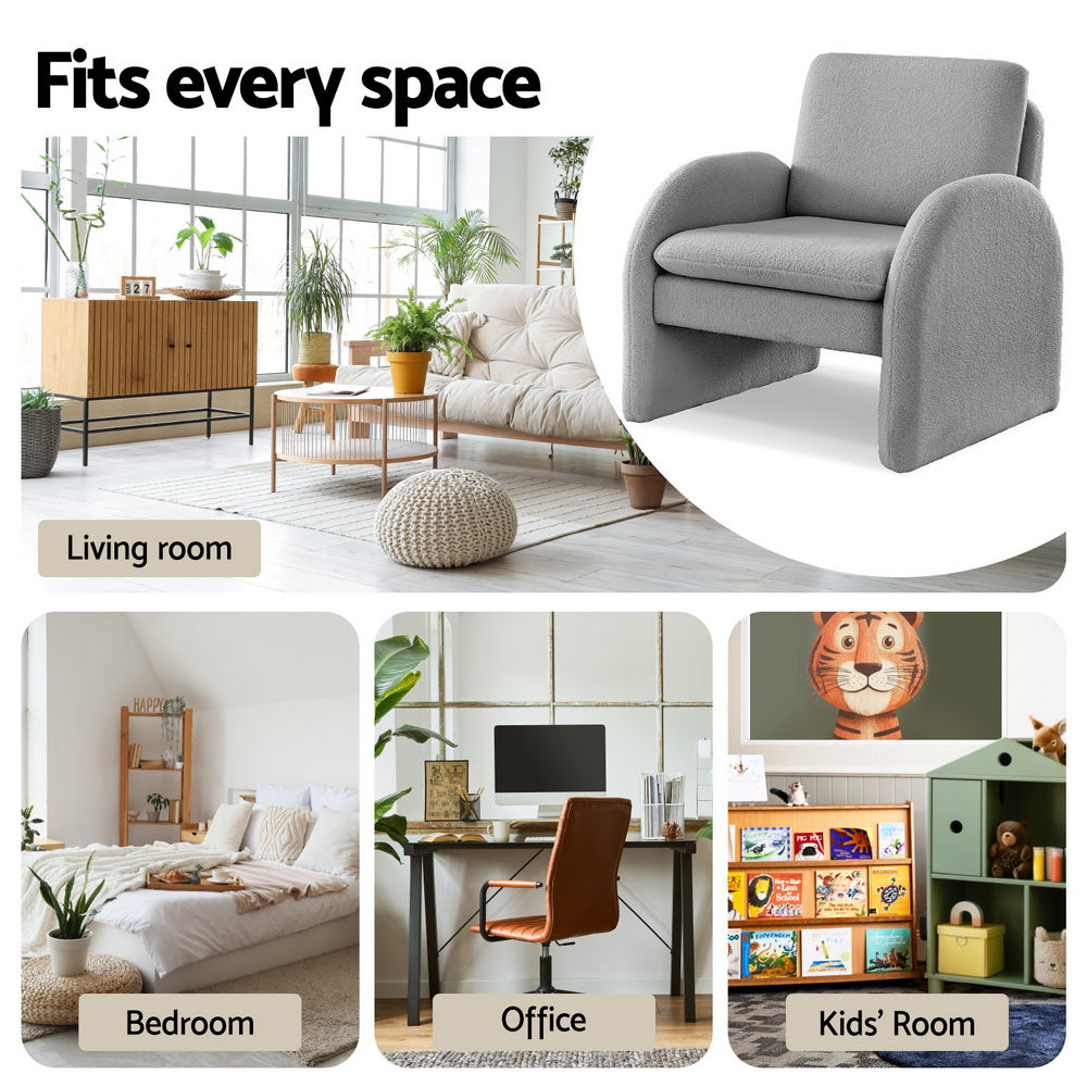 Grey boucle armchair "Fits every space" collage showing use in living room, bedroom, office, and kids' room