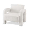 White teddy fabric armchair with arched hollow arms and cylindrical legs, three-quarter angle on white background