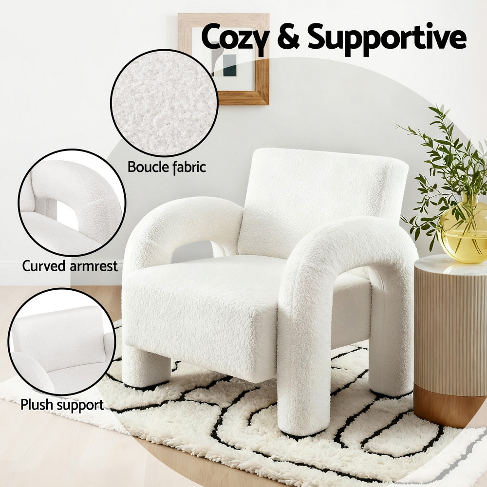White boucle armchair with callouts: "Boucle fabric", "Curved armrest", "Plush support", labelled "Cozy & Supportive"