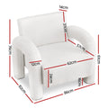 White teddy armchair dimensions: 86cm wide, 82cm deep, 61cm tall, 62cm seat width, 24cm seat height, 16cm legs
