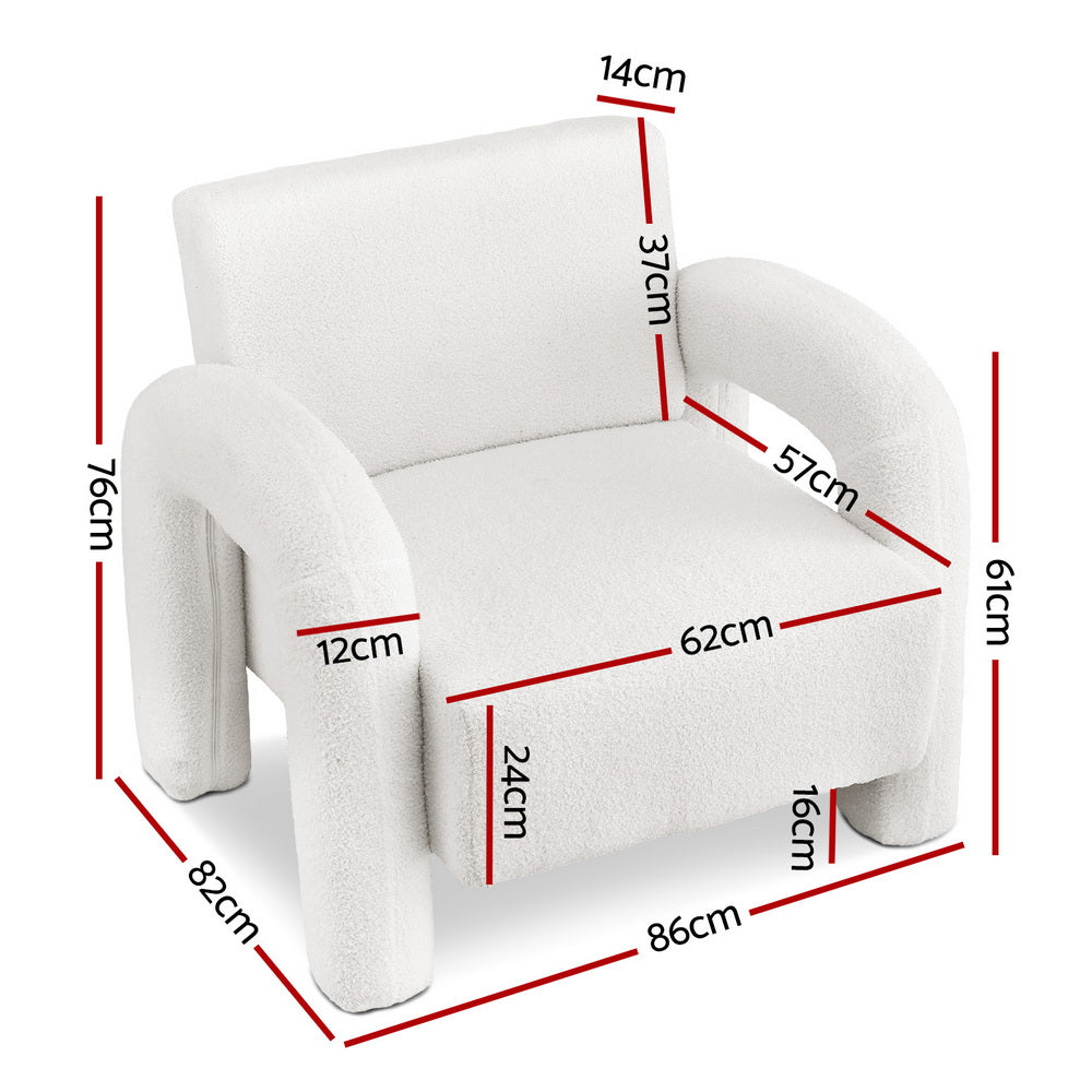 White teddy armchair dimensions: 86cm wide, 82cm deep, 61cm tall, 62cm seat width, 24cm seat height, 16cm legs