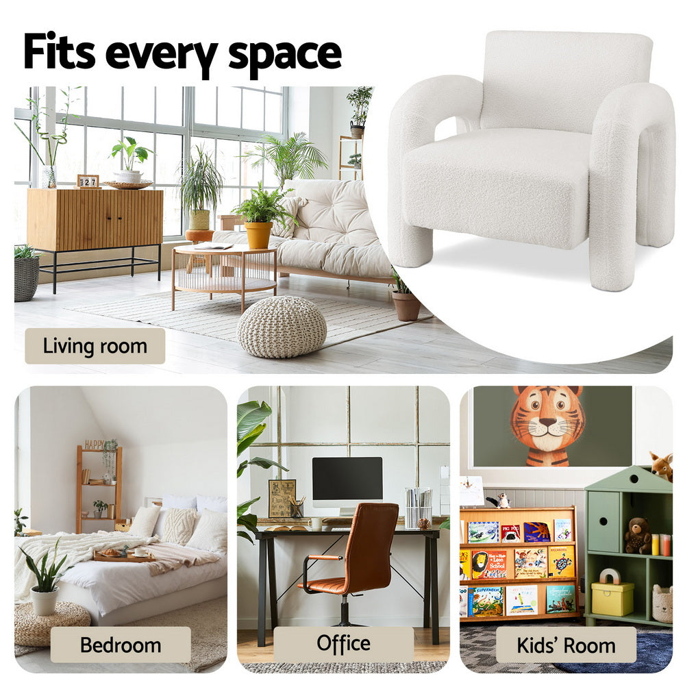 White boucle armchair "Fits every space" collage showing use in living room, bedroom, office, and kids' room