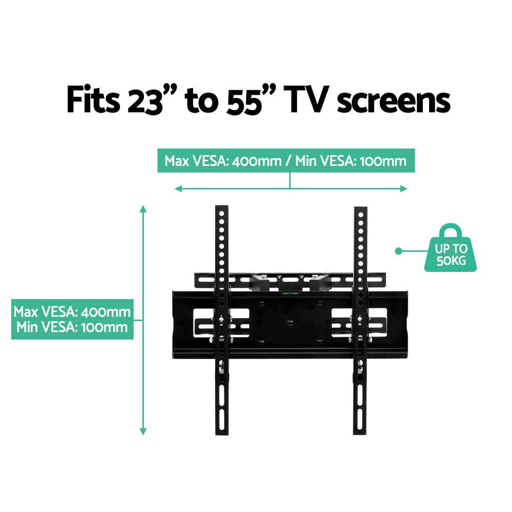 Tilting TV wall bracket spec infographic fits 23-55 inch TVs VESA 100-400mm horizontal and vertical 50kg capacity
