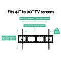 Tilting TV wall bracket spec infographic fits 42-90 inch TVs VESA 100-800mm horizontal 100-440mm vertical 65mm wall gap 50kg