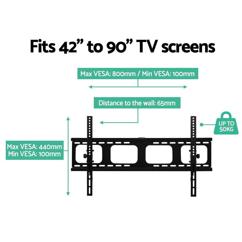 Tilting TV wall bracket spec infographic fits 42-90 inch TVs VESA 100-800mm horizontal 100-440mm vertical 65mm wall gap 50kg