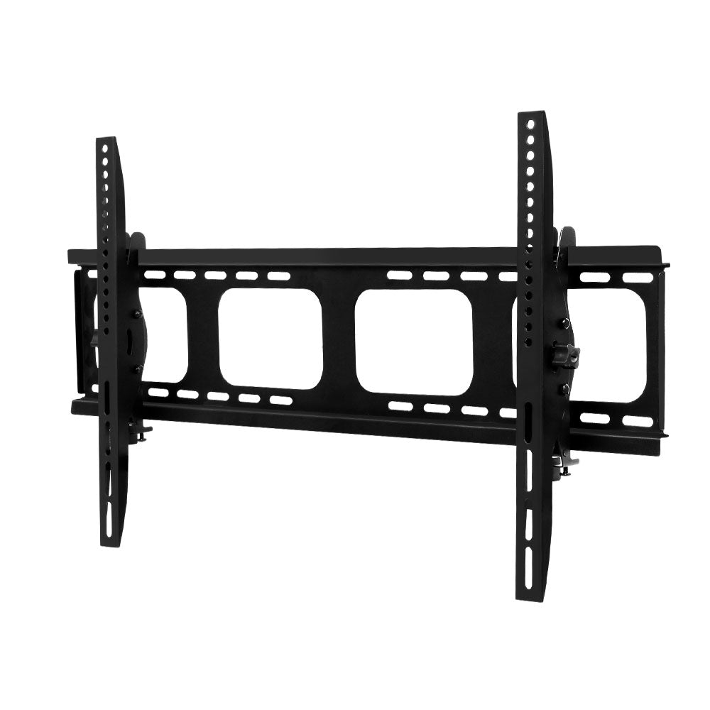 Black tilting TV wall bracket angle view on white wide frame four cutout openings two vertical rails and tilt lever