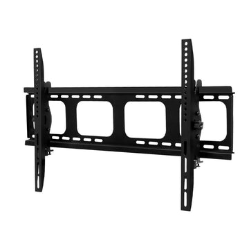 Black tilting TV wall bracket angle view on white wide frame four cutout openings two vertical rails and tilt lever