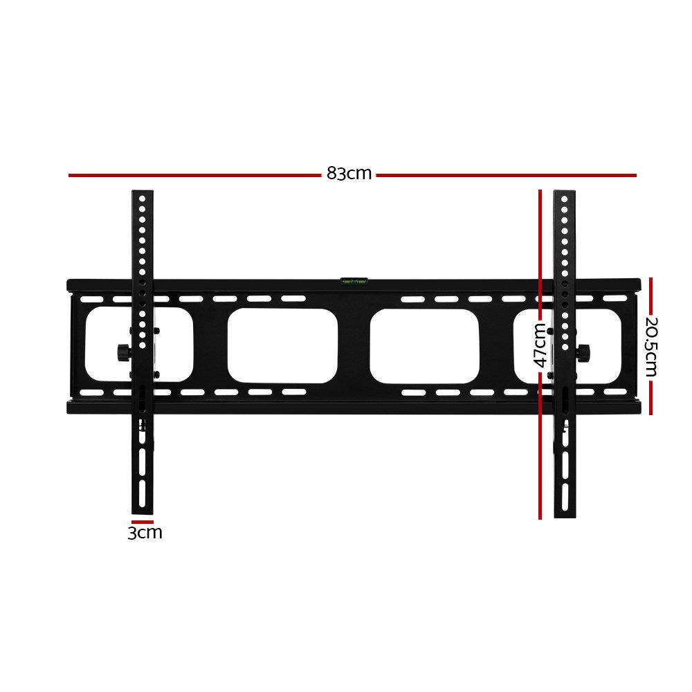 Black tilting TV wall bracket angle view on white wide frame four cutout openings two vertical rails and tilt lever