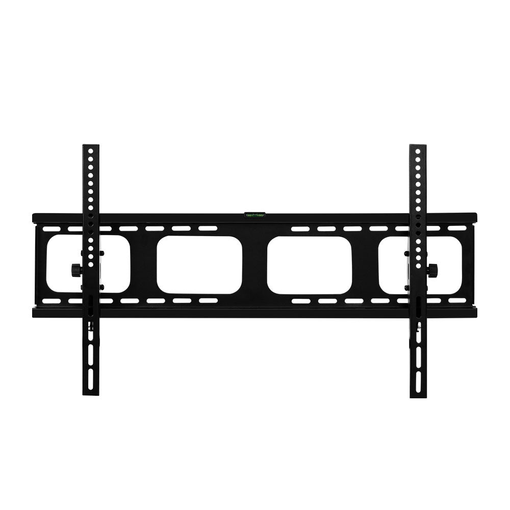 Black tilting TV wall bracket flat front view on white four cutout openings spirit level and two vertical tilt rails
