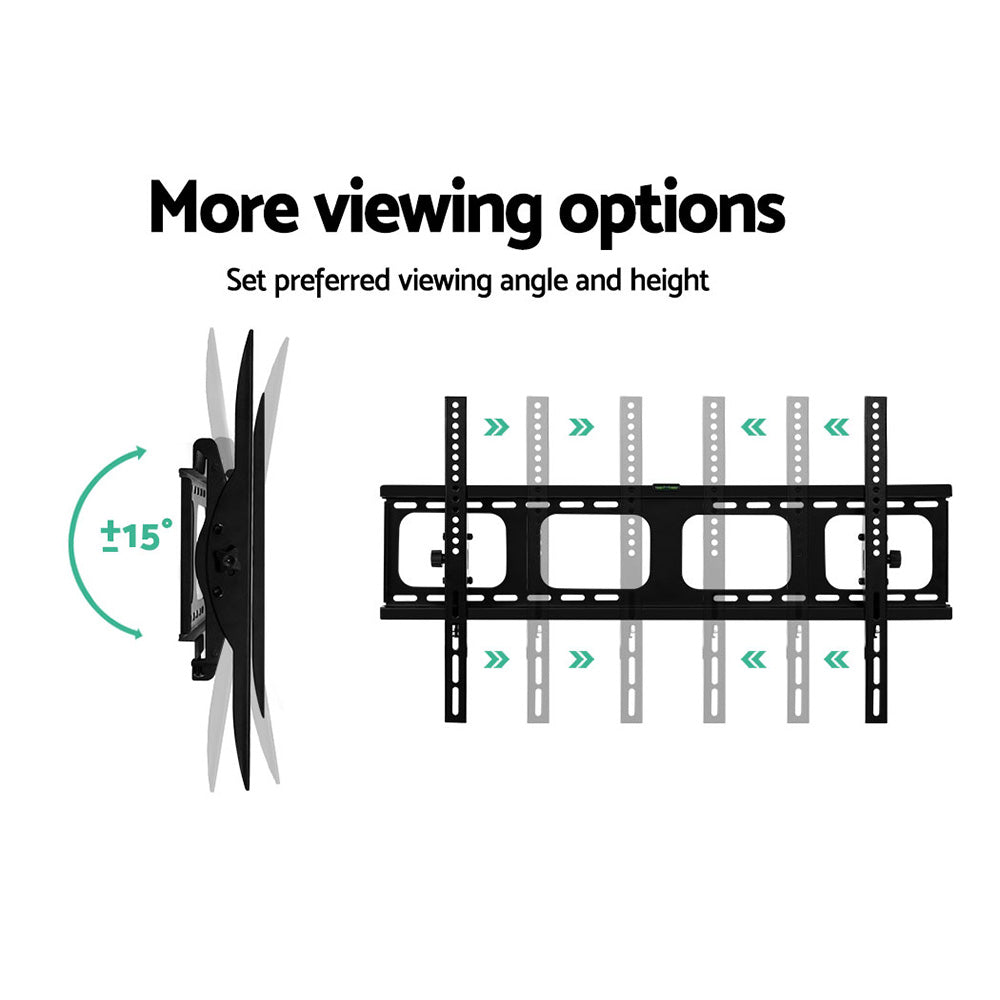 Wide tilting TV wall bracket diagram plus-minus 15 degree tilt left and adjustable vertical rail width positions right