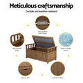 Brown timber bench open lid, callouts: 304 SS hinges, hydraulic hinge, water-resistant interior, smooth surface