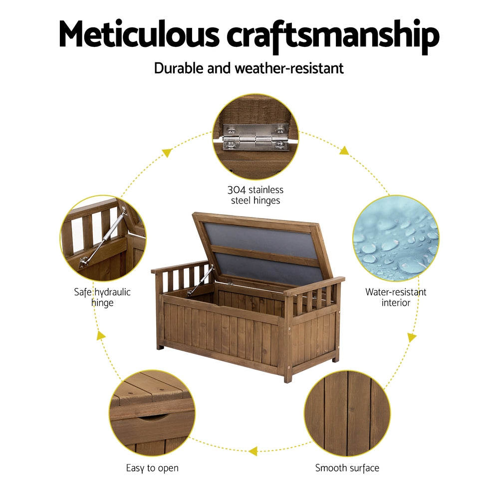 Brown timber bench open lid, callouts: 304 SS hinges, hydraulic hinge, water-resistant interior, smooth surface