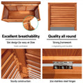 Honey timber louvred box features: open interior, end view, 304 stainless steel hinge close-up; text: breathability, quality