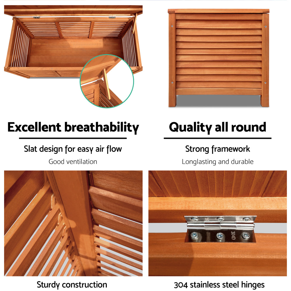 Honey timber louvred box features: open interior, end view, 304 stainless steel hinge close-up; text: breathability, quality