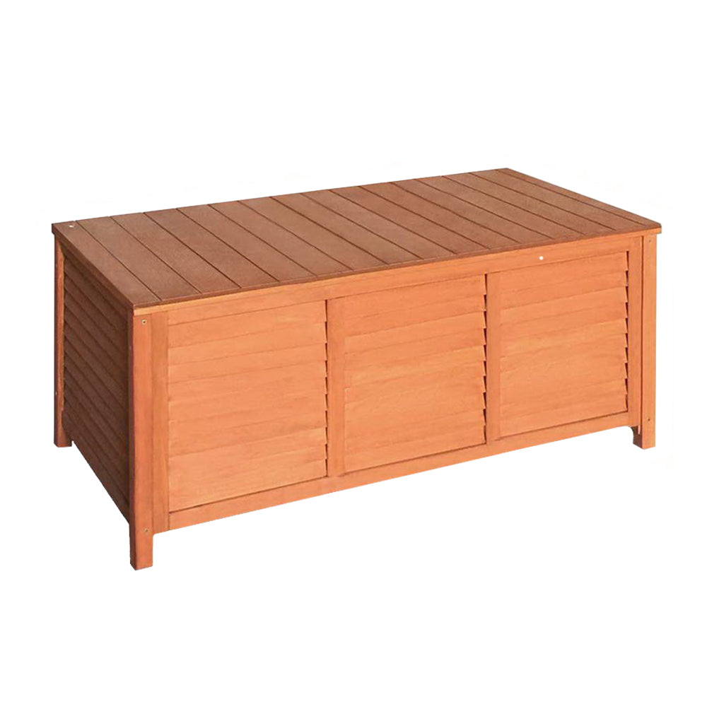 Honey timber outdoor storage box with louvred three-panel sides, three-quarter angle on white background
