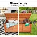 Timber louvred box open: indoor with pillows, outdoor with garden pots and gloves; text: all-weather use