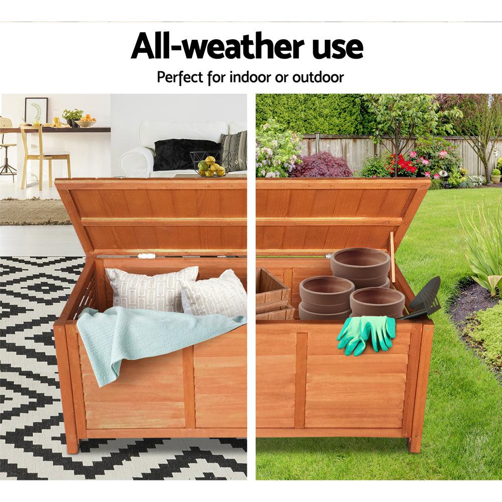 Timber louvred box open: indoor with pillows, outdoor with garden pots and gloves; text: all-weather use