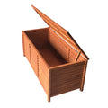 Honey timber louvred outdoor storage box with lid fully open showing interior, three-quarter view on white background